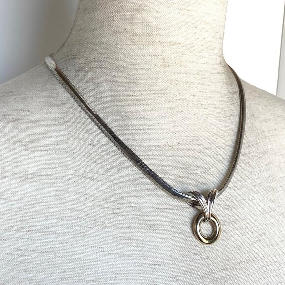 Sterling Silver 925 Vermeil Two Tone Round Slide Pendant Necklace Herringbone - Picture 4 of 16